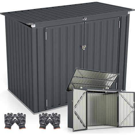 Abri de Jardin Métal Extérieur avec 2 Grandes Portes et Couvercle Relevable à 40°, Remise de Stockage à Outils en Acier Galvanisé pour Poubelles Vélos Outils 172X100X129 CM (Gris) (1/5)