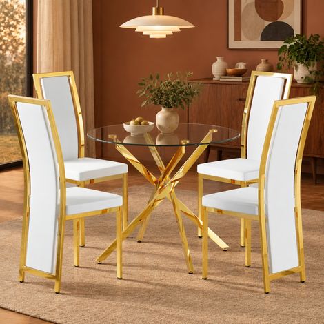 Ensemble table et chaises 88 cm en verre trempé, 4 chaises PU blanc et or DESVIAE (1/5)
