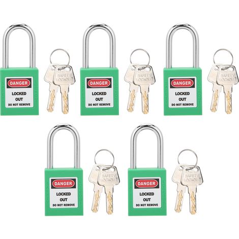 Ortviai Lot de 5 Cadenas de Sécurité LOTO 38mm Plastique Industriel Étiquettables avec 10 Clés - Vert
