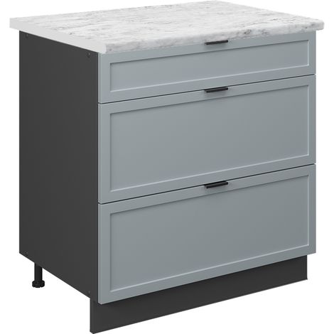 Mobiletto base per cucina Fame-Line, Blu-grigio chiaro, 80 cm con 3 cassetti, PL Marmo, Vicco