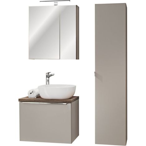 Set VANTA taupe: Waschtischunterschrank 60 cm + Aufsatzwaschbecken + Stauraumsäule + Spiegel + LED