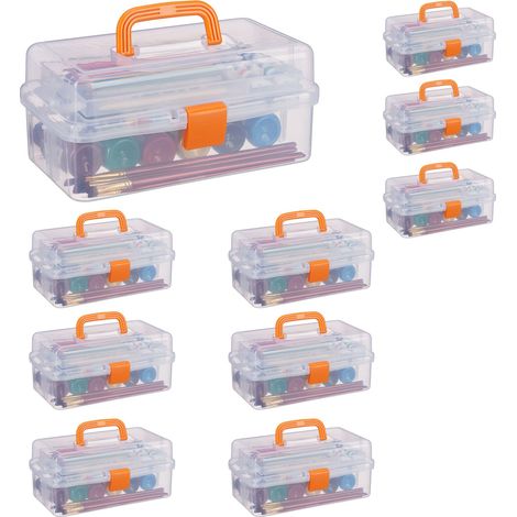 Set of 10 Relaxdays Transparent Plastic Storage Boxes, 9 Compartments for Small Tools, Lock, HWD 14x33x19cm, Orange (1/5)