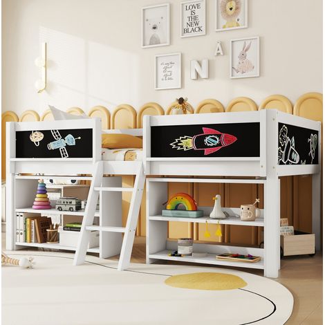DESVIAE Lit mi haut 90 x 200 cm en pin et MDF avec rangements multiples barrière de sécurité échelle et tableau blanc (1/5)
