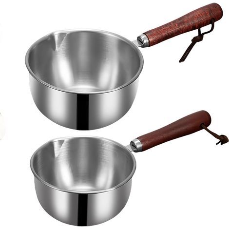 Set di 2 pentolini per il latte con beccuccio: pentolino in acciaio inox 304 con manico in legno, pentolino per il latte compatibile con piani cottura a induzione, pentola per alimenti caldi, pentola  (1/5)