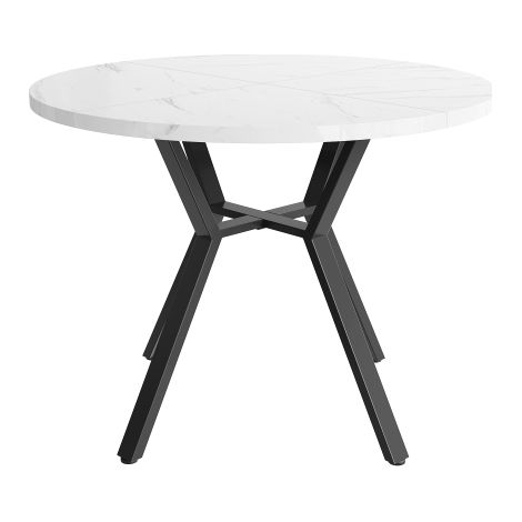 Ensemble table et chaises de salle à manger (5 pièces), style moderne et épuré. Table ronde en marbre, pieds de table en métal noir + 4 chaises ergonomiques en daim vert.