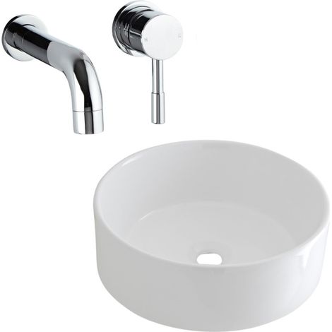 Milano Ballam 400mm White Ceramic Round Countertop Bathroom Basin Sink - With Wall-Mounted Tap