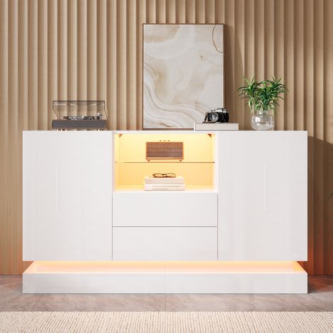 Aparador - 140 x 40 x 80 cm - led controlable por app, 2 puertas, 2 cajones, estante de vidrio, brillo, moderno, tablero de partículas, blanco (1/5)