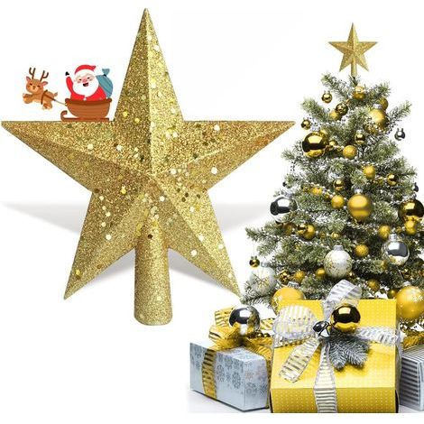 Cimier Sapin De Noël Etoile, Glitter Christmas Tree Top Decoration Star, Plastique Léger Xmas étoile Noel Décoration Ornements, Interieur/Exterieur 20cm/ 7.8in (Or) (1/5)