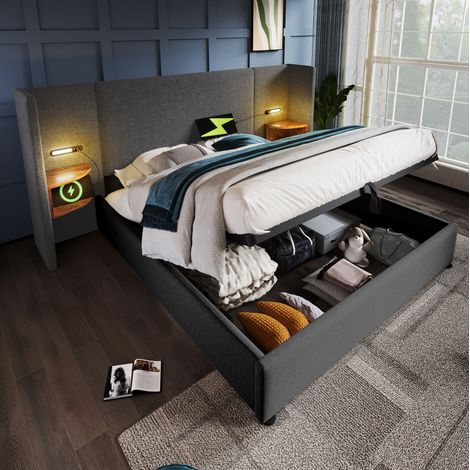 Bett mit Stauraum 160x200 cm aus grauem Leinen mit USB und Lampe, ohne Matratze – MEUBLIV (1/5)