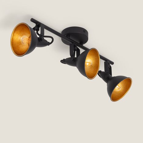 Ledkia – Plafonnier orientable 3 spots en métal noir – Douille E14 – Installation en plafond – Ajustement directionnel lumineux