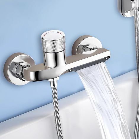 Mitigeur Thermostatique Baignoire et Douche Mural, Robinet de Bain à Double Sortie Cascade, Colonne de Baignoire Anti-Brulure, Laiton Massif Chrome, 150mm (1/5)