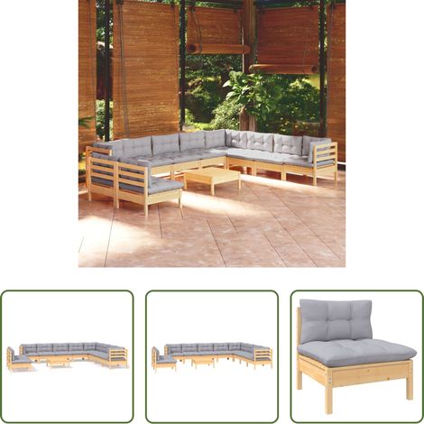 Terrassensofa - 11-tlg. Garten-Lounge-Set mit Grauen Kissen Massivholz Kiefer (1/5)