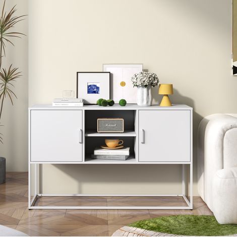 Meuble TV 120x40x75 cm en métal blanc, avec rangement moderne pour salon FloraGrace (1/5)