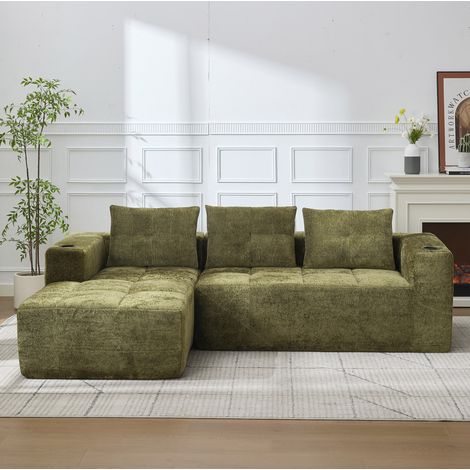 Divano verde in ciniglia 258 cm con portabevande OKMYHOME (1/5)