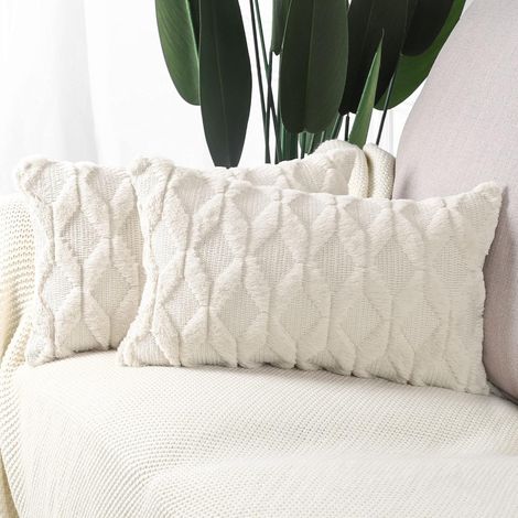 2 pcs Doux Peluche Laine Courte Velours Décoratif Housses de Coussin Luxe Style pour canapé Chambre Beige 30 x 50 cm (1/5)