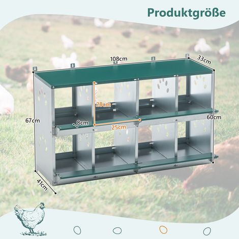Nichoir à poules pondeuses 8 compartiments, métallique mural avec ventilation grossière pour poulailler
