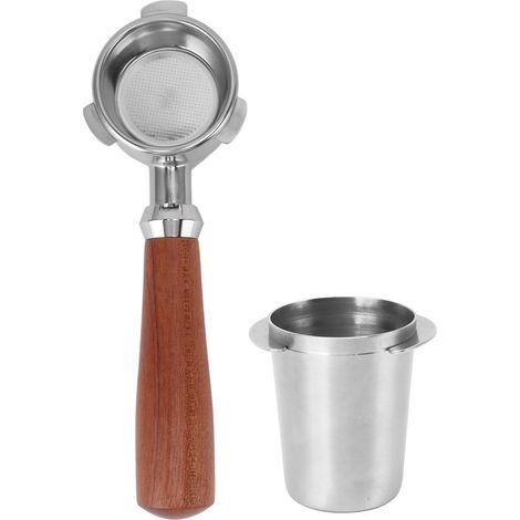 Bodenloser Edelstahl-Siebträger (51 mm), inklusive Messbecher mit Mahagoni-Holzgriff, kompatibel mit Espressomaschinen, silberfarben (1/5)