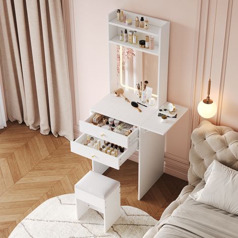 Coiffeuse compacte blanche lumineuse LED avec miroir ajustable, tabouret assorti, 2 tiroirs, 2 niches ouvertes et rangement à rabat 25 cm. Meuble 75x156x45 cm, idéal chambre moderne. (1/5)