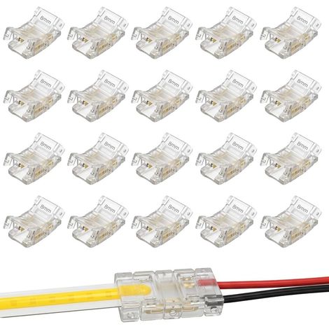 Lot de 20 Connecteurs LED 2 Broches 8mm, Connexion Facile Sans Soudure pour Ruban LED COB et SMD, Mini Connecteur Transparent pour Bande Lumineuse 12V 24V (1/5)