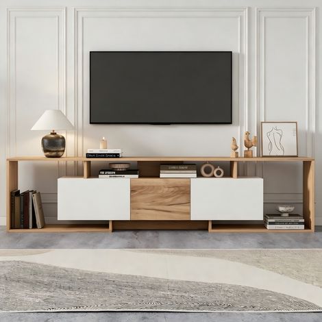 Meuble TV lowboard blanc et bois naturel, 2 portes pliantes, 1 porte pivotante, 3 rangements ouverts, pour TV jusqu’à 85 pouces 180×30×49 cm (1/5)