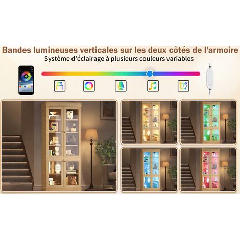 Armoire haute moderne avec éclairage LED intégré, portes vitrées et compartiments ajustables, couleur bois naturel (1/5)