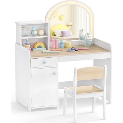 COSTWAY Kids Vanity Table & Chair Set Makeup Playset with Shelves-Natural (1/5)