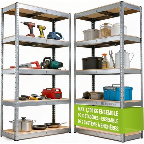 Juskys Étagère de stockage Basic lot de 2 180x90x40 cm - 2 étagères robustes avec 10 tablettes - max. 1750 kg - Métal galvanisé - Étagère de cave, étagère métallique - Argent