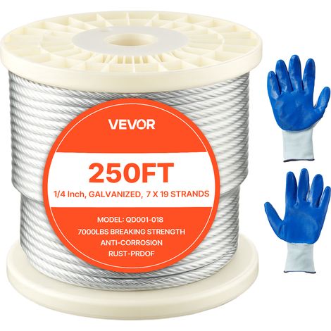 VEVOR Drahtseil φ6,35mm 76,2 m Länge, verzinktes Kohlenstoffstahlseil, 31,1 kN Bruchfestigkeit, 7x19 Litzen, Geländerseil für Terrassengeländer, Gartenspaliere, inkl. Handschuhe (1/5)