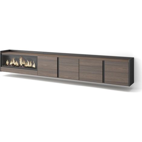 Skraut Home - Mobile TV Soggiorno, Ampio spazio a disposizione, 315x35x50cm, Per TV fino a 80", Camino elettrico XXL, Sospeso, da appendere, Stile moderno, Rovere scuro e Nero (1/5)