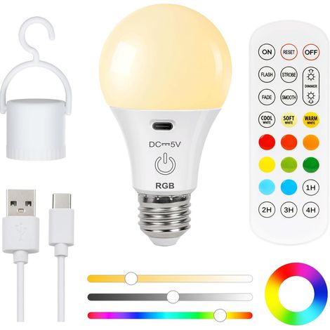 Ampoule rechargeable avec télécommande intelligente à changement de couleur RVB tactile intensité variable LED E27 (1/5)