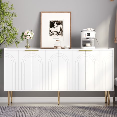 Credenza in MDF bianco 140 x 38 x 75 cm, 4 ante con ripiani regolabili e gambe in ferro dorato (1/5)