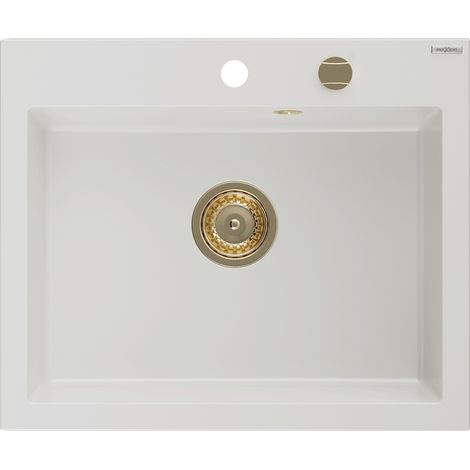 Mexen Elix fregadero de granito 1-cubeta 600 x 500 mm, blanco, sif贸n dorado - 6525601005-20-G