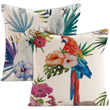 Ensemble de 2 housses de coussin décoratives à motifs floraux tropicaux (fleurs, palmiers, feuilles, flamants roses, perroquets, oiseaux), format carré standard 45 x 45 cm, style aquarelle estivale. (1/5)