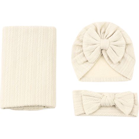 Lot de 3 couvertures d'emmaillotage et bandeaux en coton polyester, texture blé, couleur unie beige extensible. (1/5)