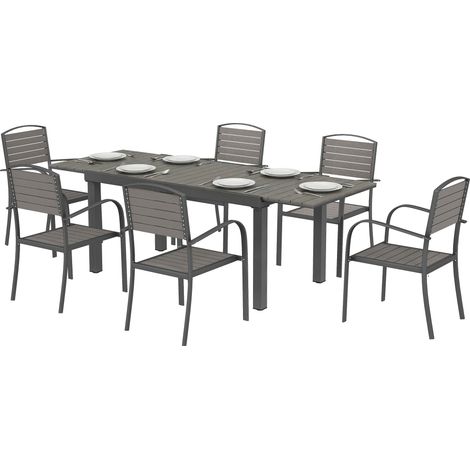 Salon de jardin 7 pièces table extensible 6 chaises aspect bois structure à lattes cadre aluminium
