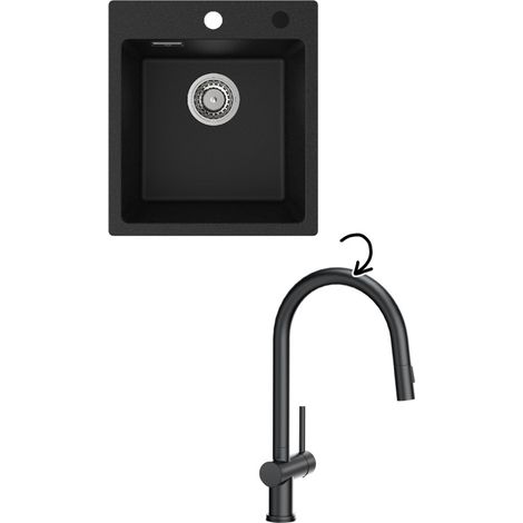 CECIPA Granitspüle 40 x 45 cm Küchenspüle schwarz + 42,5cm Küchenarmatur, schwarz ausziehbarer Spülbeckenhahn (1/5)