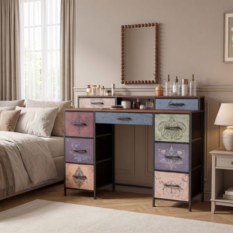 Toeletta 121 x 40 x 91 cm, mobile contenitore grande capacità con 9 cassetti, stile industriale retrò marrone