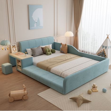 Bett modern 140x200 cm mit seitlichem Schreibtisch, Hocker und weichem Kopfteil, Samt Blau (1/5)