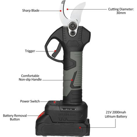 Forbici da potatura elettriche portatili senza fili da 21 V con custodia, batteria al litio da 2000 mAh e caricabatterie, taglia rami motorizzati, cesoie da giardino per rami da 30 mm, diametro di tag (1/5)