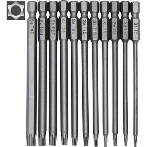 Set mit 11 langen Torx-Bits für Schraubendreher und Bohrmaschinen – Magnetische Bits – 1/4"-Sechskantschaft – Größen T6 bis T40 – Länge 100 mm (1/5)