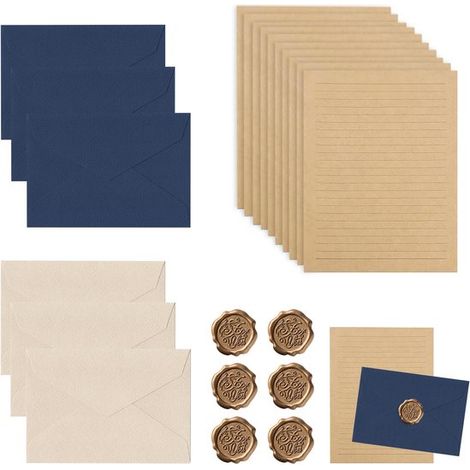 Set di cancelleria da 22 pezzi: carta vintage, buste vintage, set di carta kraft con carta da lettere e buste. Buste extra spesse con finiture in lino. (1/5)