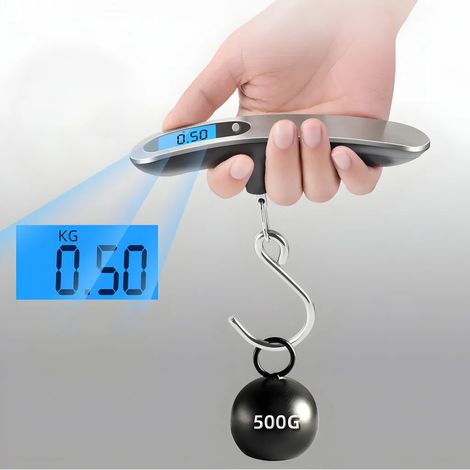Balanza digital para equipaje con pantalla LCD, balanza para peces, balanza colgante, balanza de mano, pantalla LCD grande, balanza de viaje, capacidad máxima de pesaje 50 kg, plateada (1/5)