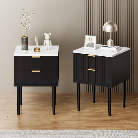 UEV Set 2 Comodini con Motivi a Marmo, Tavolino 2 Cassetti in Legno, Comodino Piccolo Moderno per Camera da Letto, Soggiorno, 42 x 40 x 70 cm, Nero