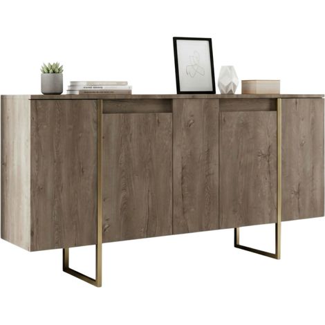 Dmora - Kommode Betel, Wohnzimmerbuffet, Wohnzimmer-Sideboard, Moderne Küchen-Speisekammer, 160x35h80 cm, Walnuss und Gold, mit verstärkter Verpackung