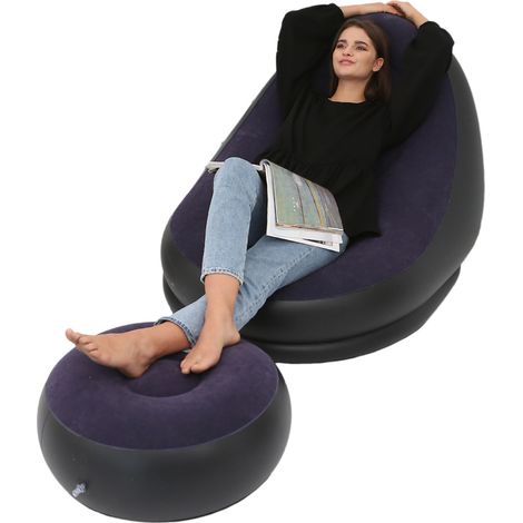 Fauteuil de jardin gonflable avec repose-pieds, canapé-lit pliant d'extérieur, revêtement floqué, canapé paresseux (bleu marine) (1/4)