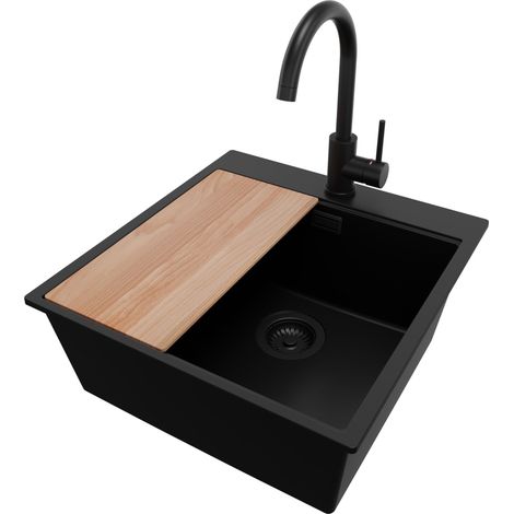 PRIMAGRAN Evier Cuisine en Granit 48x50cm, Lavabo 1 bac + Robinet 32x20cm + Kit de Vidage + Accessoire, Évier à Encastrer au meuble 50cm - Oslo, Tout Noir (1/5)