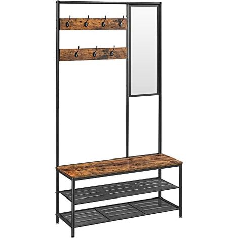 Vasagle – Portemanteau vestiaire 4-en-1 avec miroir et banc – Dimensions 35 x 98 x 180 cm – Étagère à chaussures – Style industriel marron noir (1/5)