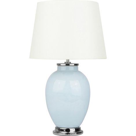 Lámpara de mesa base de cerámica azul claro pantalla redonda de poli algodón blanco Brenta (1/5)