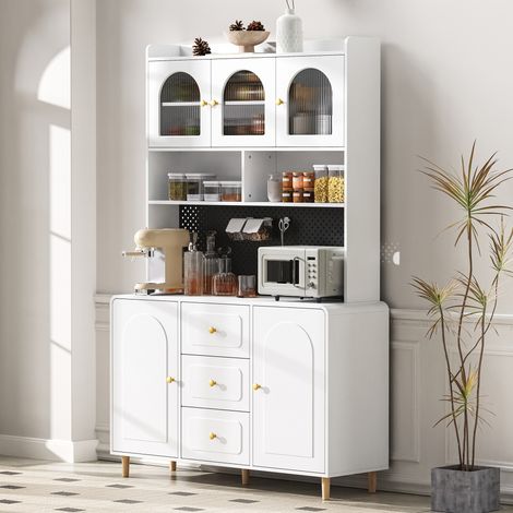 REDOM Vitrine 120x40x190 cm portes en verre cannelé, 3 tiroirs, panneau perforé, MDF blanc (1/5)