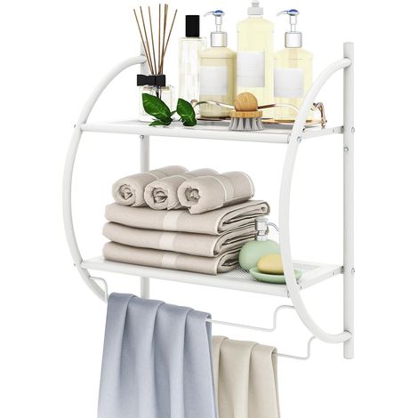 GOPLUS Étagère Salle de Bain, Porte-Serviettes Suspendues Murales, en Chromé Inoxydable, avec 2 Tablettes et 2 Porte-Serviettes, 45X25.5X55CM (Blanc) (1/5)